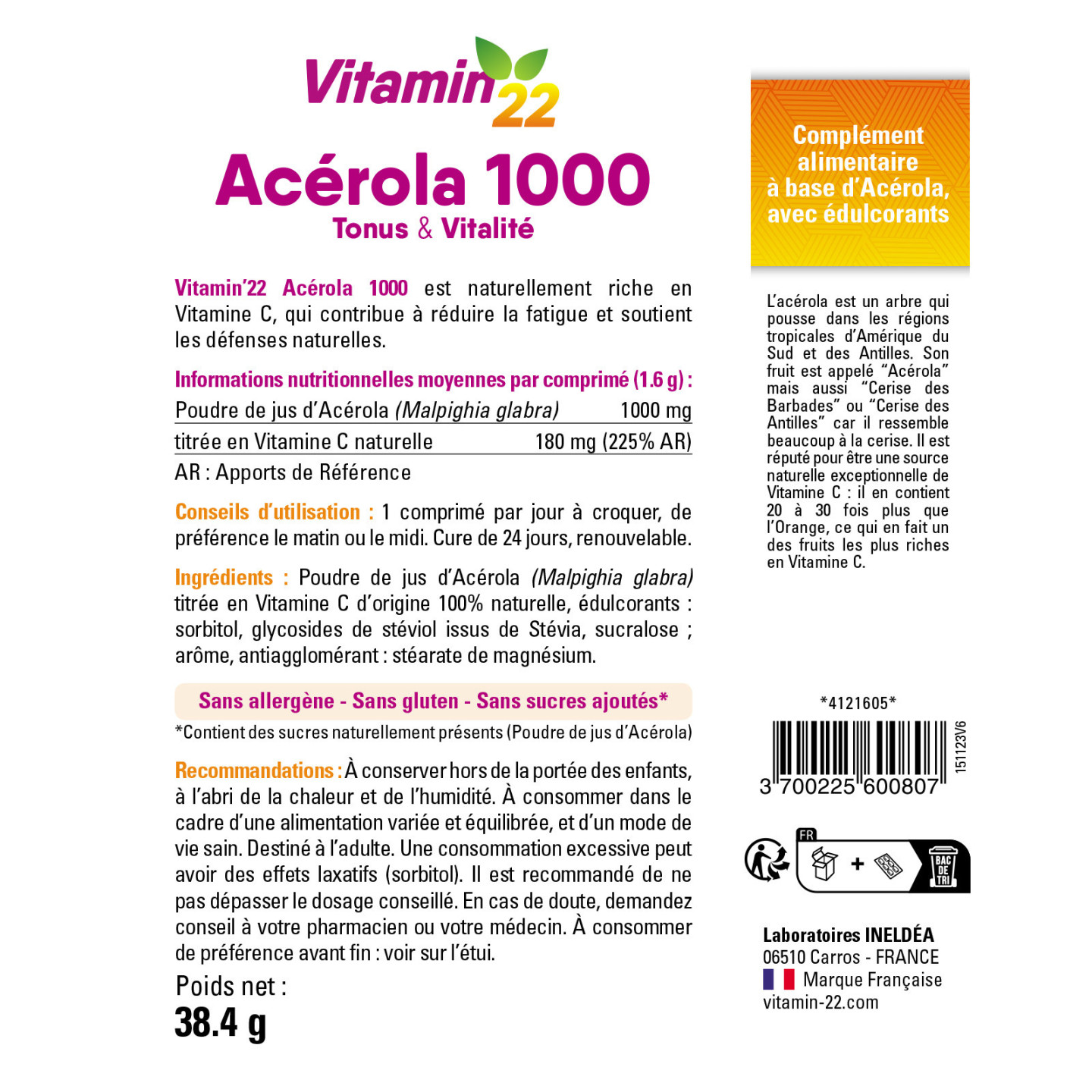 Vitamin'22 Acérola - Vitamine C 100% d'origine naturelle - Cure 24j