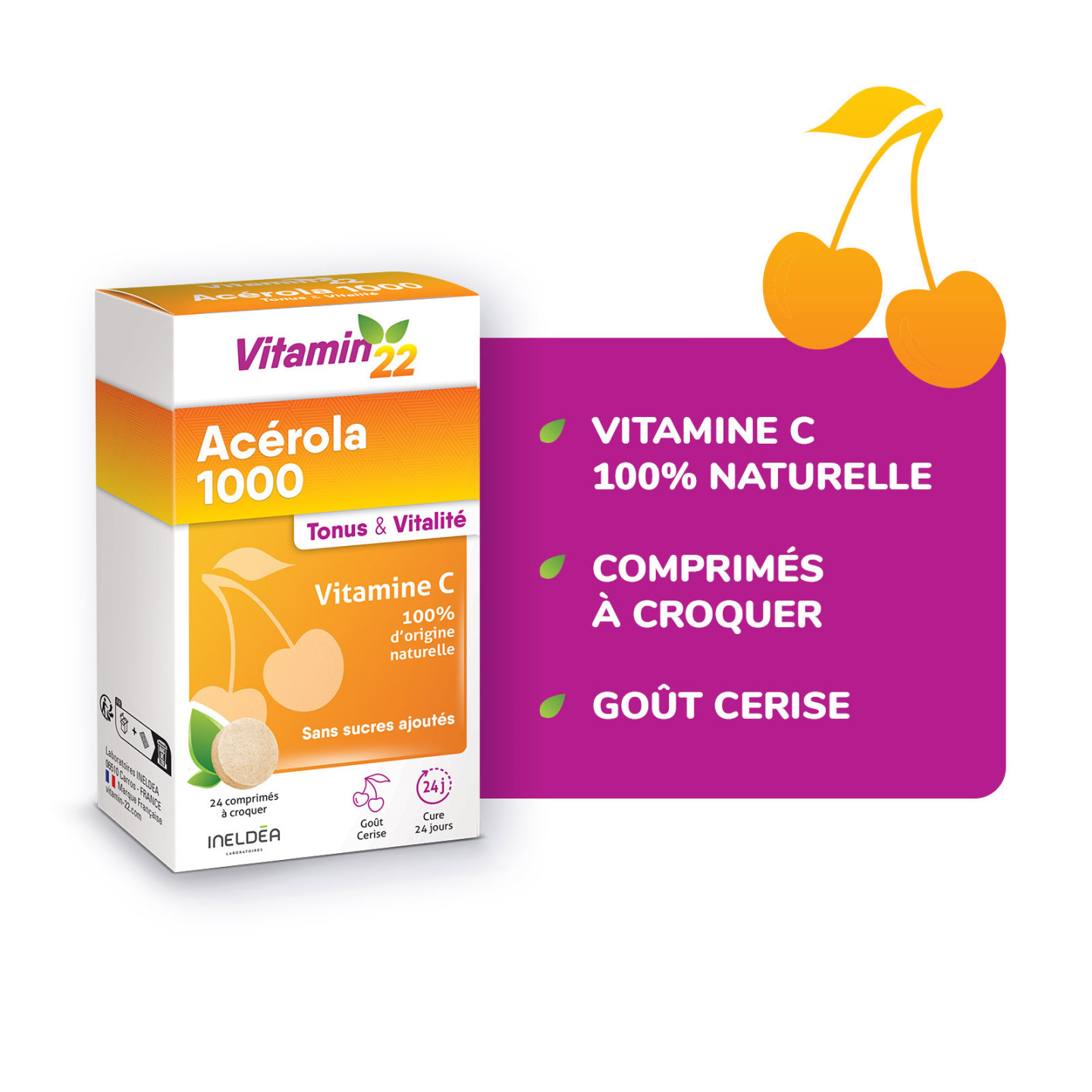 Vitamin'22 Acérola - Vitamine C 100% d'origine naturelle - Cure 24j