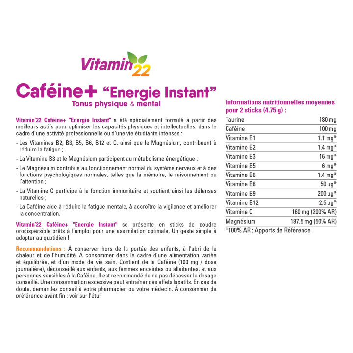 VITAMIN'22 Cafeine+ - Tonus Physique & Intellectuel - Etui 14 sticks.