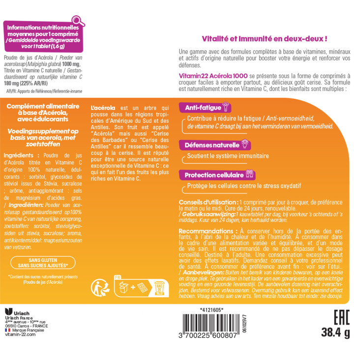 Vitamin'22 Acérola - Vitamine C 100% d'origine naturelle - Cure 24j