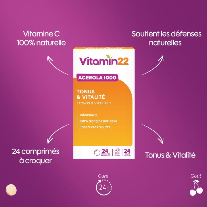 Vitamin'22 Acérola - Vitamine C 100% d'origine naturelle - Cure 24j