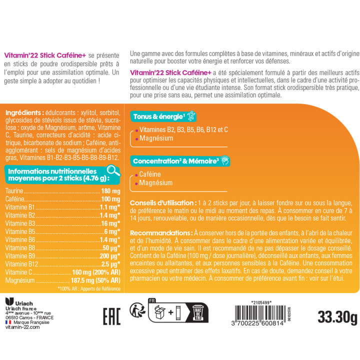 VITAMIN'22 Cafeine+ - Tonus Physique & Intellectuel - Etui 14 sticks.