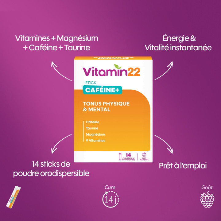 VITAMIN'22 Cafeine+ - Tonus Physique & Intellectuel - Etui 14 sticks.