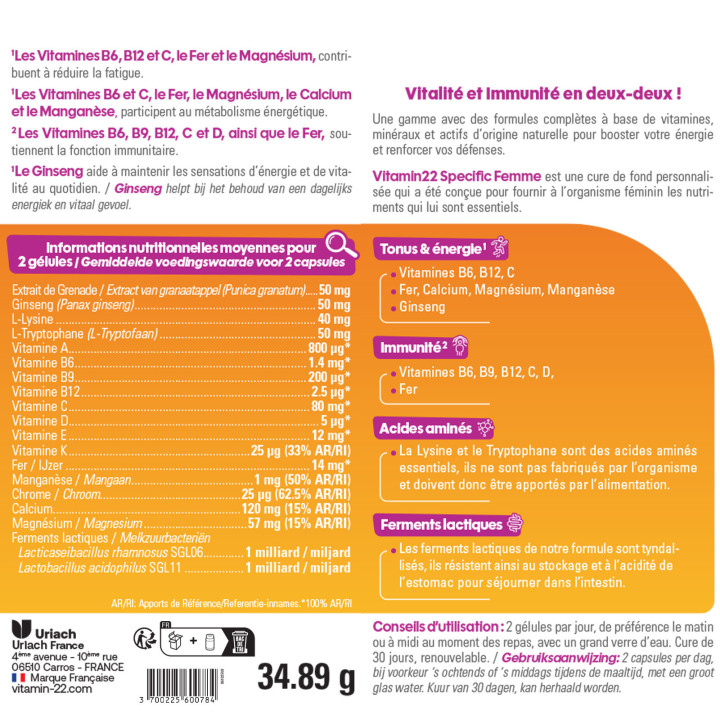 VITAMIN'22 Specific Femme - Action fortifiante et Anti-fatigue - 30j