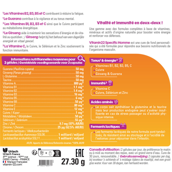 VITAMIN'22 Specific Homme - Action fortifiante et Anti-fatigue - 30j